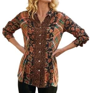 Soft Surroundings Icon Patchwork Button Top Womens Medium Brown Mixed Print Boho
